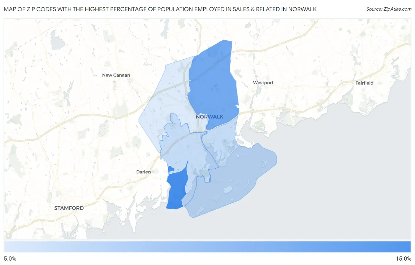 Zip Codes with the Highest Percentage of Population Employed in Sales & Related in Norwalk Map