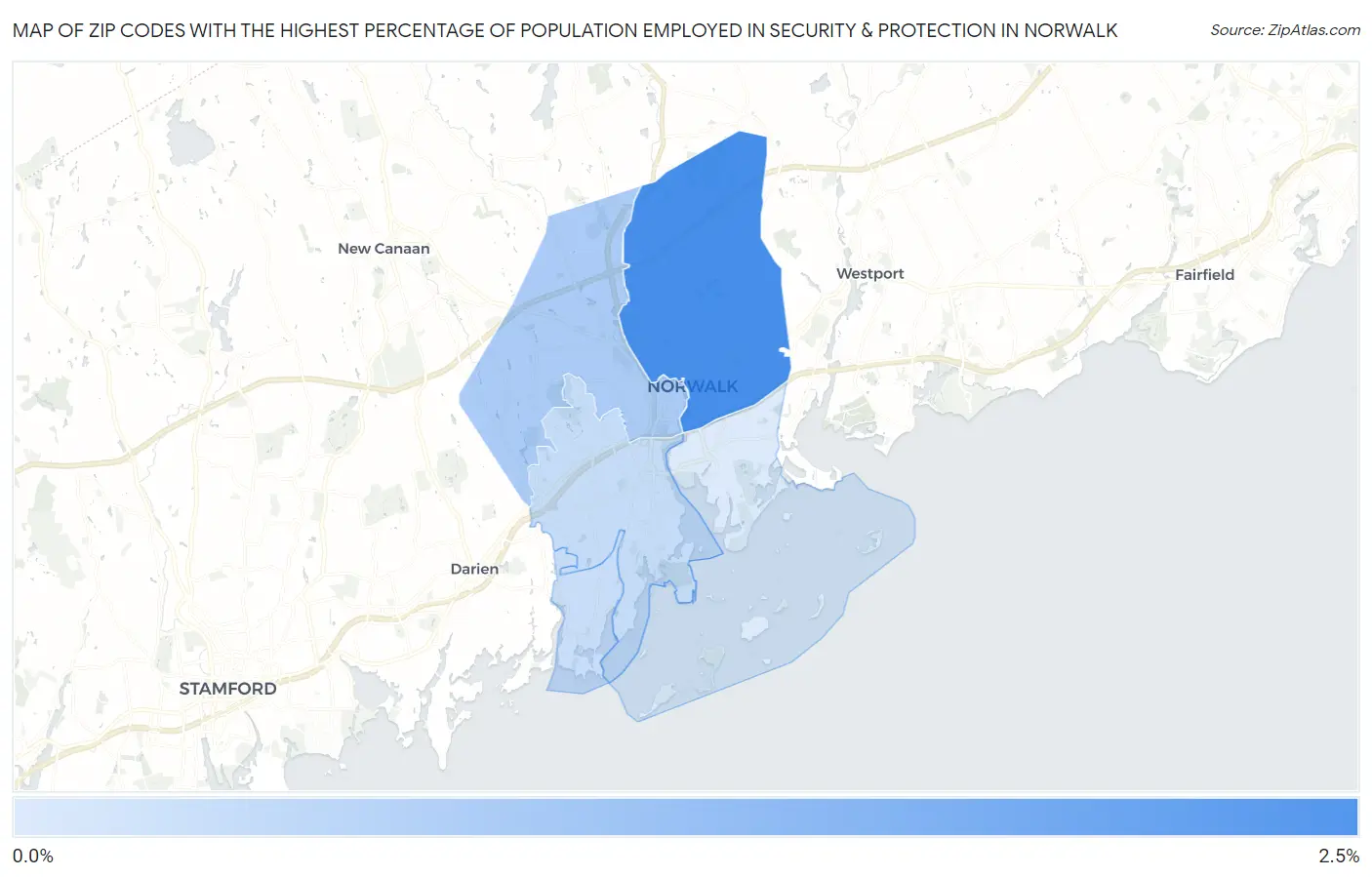 Zip Codes with the Highest Percentage of Population Employed in Security & Protection in Norwalk Map
