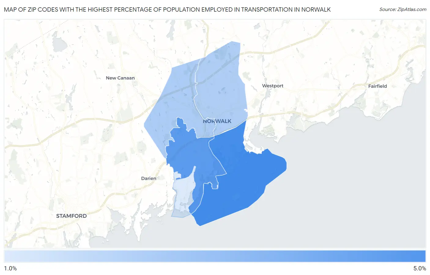 Zip Codes with the Highest Percentage of Population Employed in Transportation in Norwalk Map