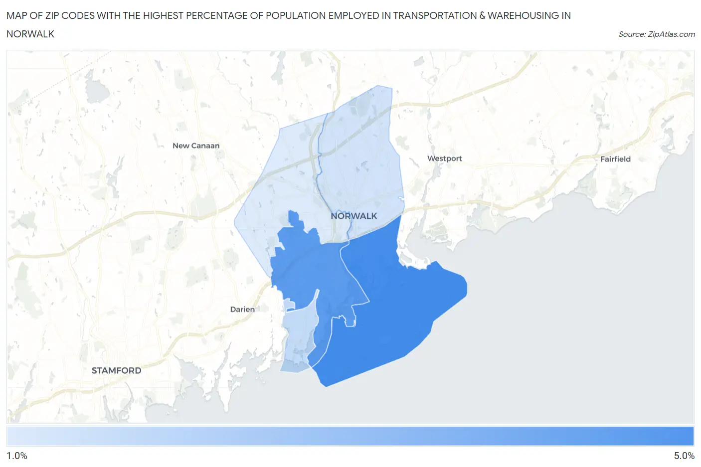 Zip Codes with the Highest Percentage of Population Employed in Transportation & Warehousing in Norwalk Map