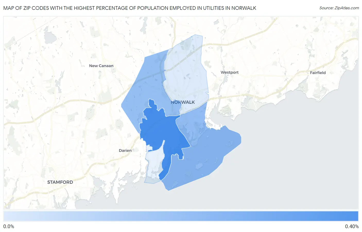 Zip Codes with the Highest Percentage of Population Employed in Utilities in Norwalk Map