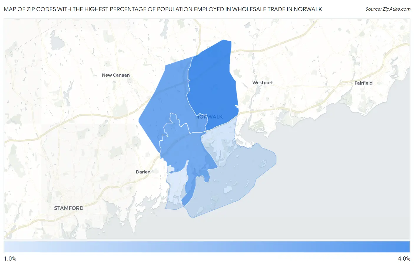 Zip Codes with the Highest Percentage of Population Employed in Wholesale Trade in Norwalk Map