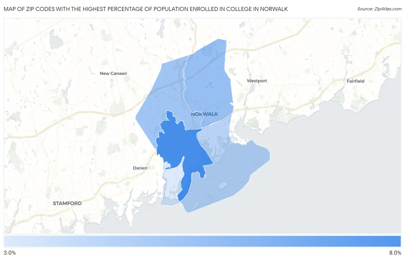Zip Codes with the Highest Percentage of Population Enrolled in College in Norwalk Map