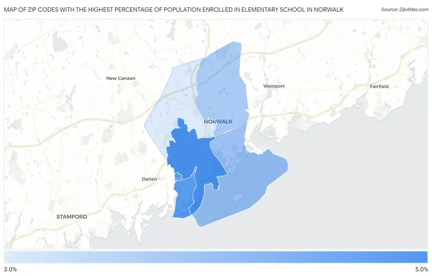 Zip Codes with the Highest Percentage of Population Enrolled in Elementary School in Norwalk Map