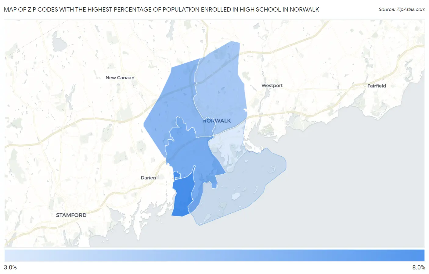 Zip Codes with the Highest Percentage of Population Enrolled in High School in Norwalk Map
