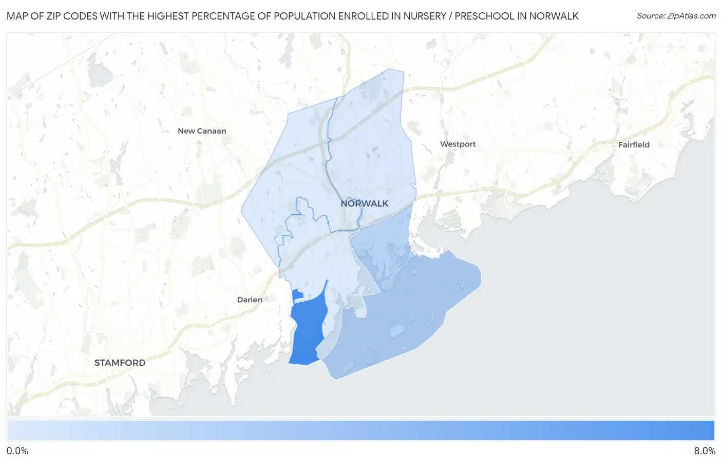 Zip Codes with the Highest Percentage of Population Enrolled in Nursery / Preschool in Norwalk Map