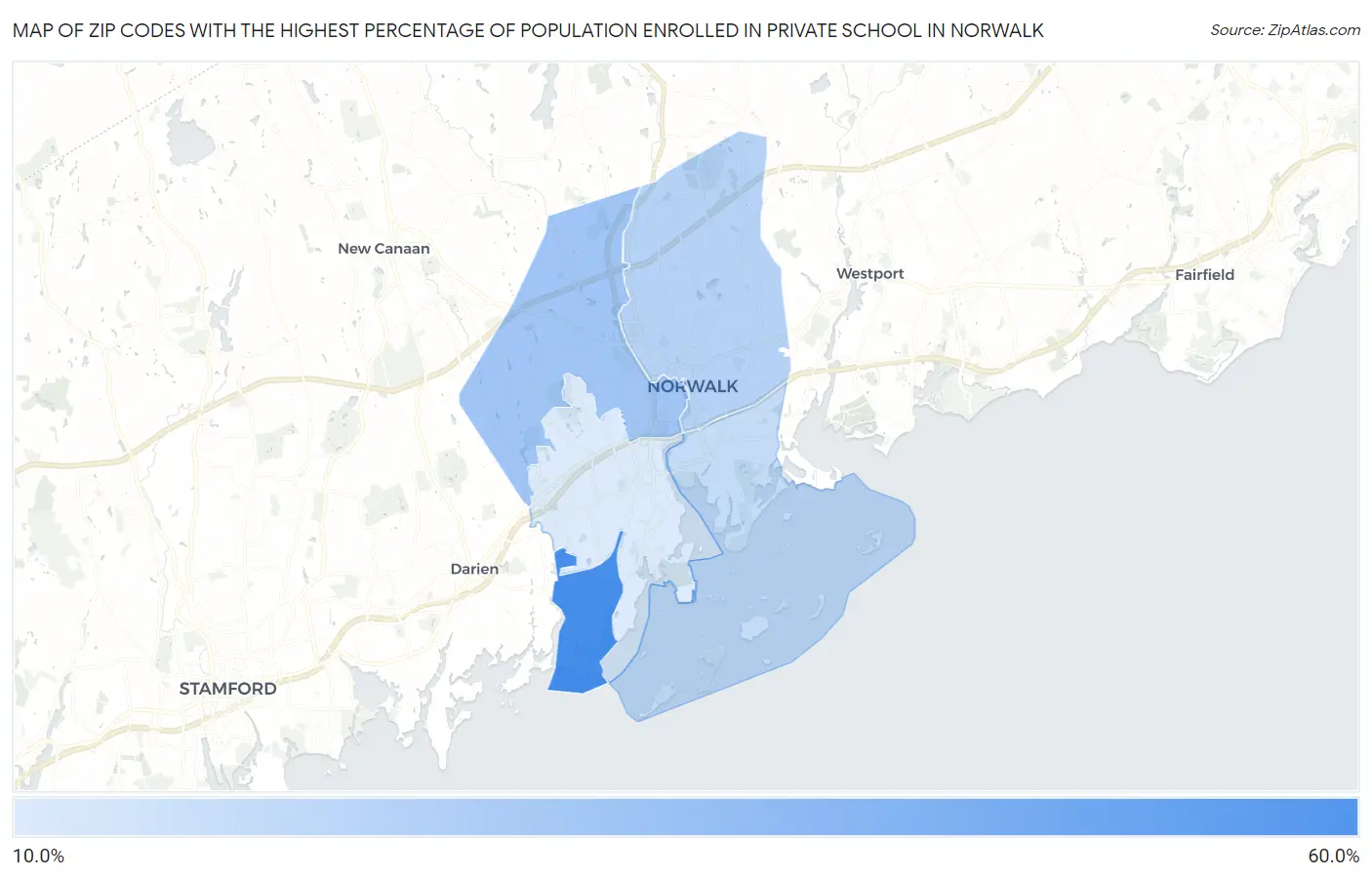 Zip Codes with the Highest Percentage of Population Enrolled in Private School in Norwalk Map