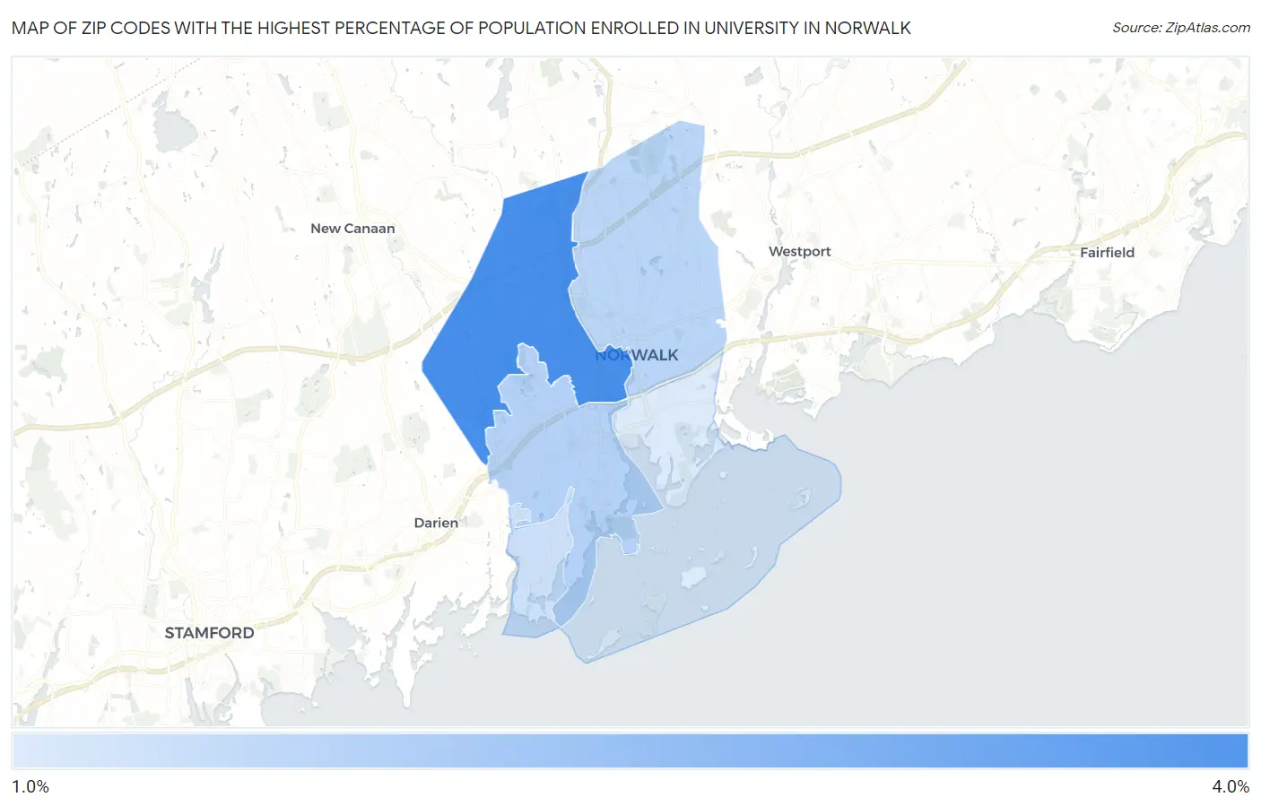 Zip Codes with the Highest Percentage of Population Enrolled in University in Norwalk Map