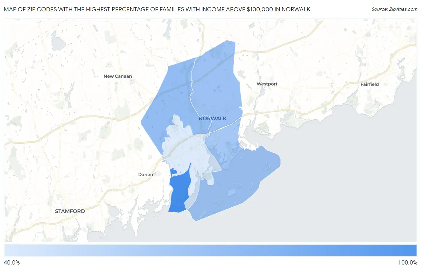 Zip Codes with the Highest Percentage of Families with Income Above $100,000 in Norwalk Map