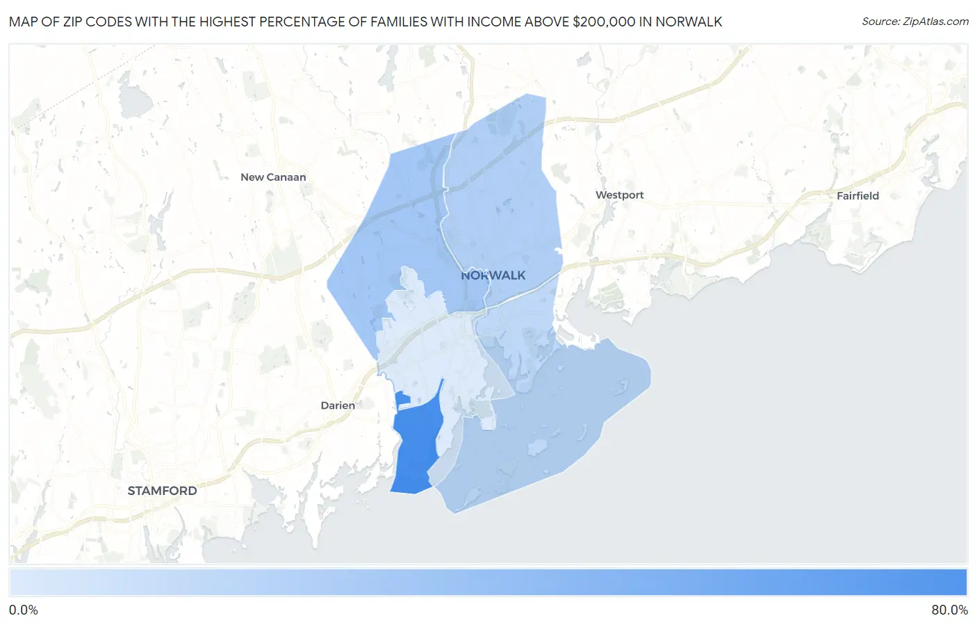 Zip Codes with the Highest Percentage of Families with Income Above $200,000 in Norwalk Map