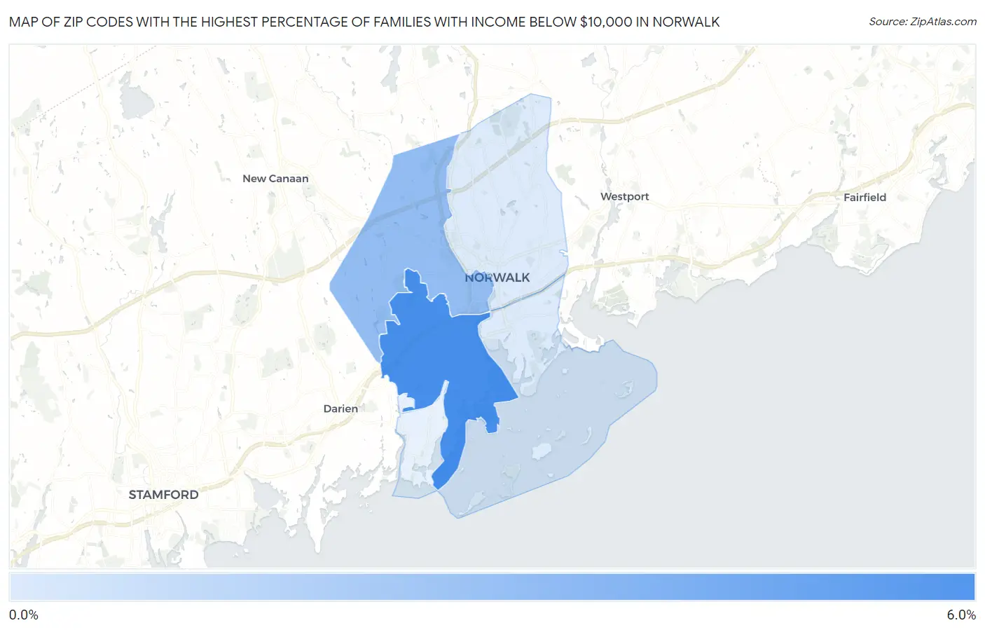 Zip Codes with the Highest Percentage of Families with Income Below $10,000 in Norwalk Map