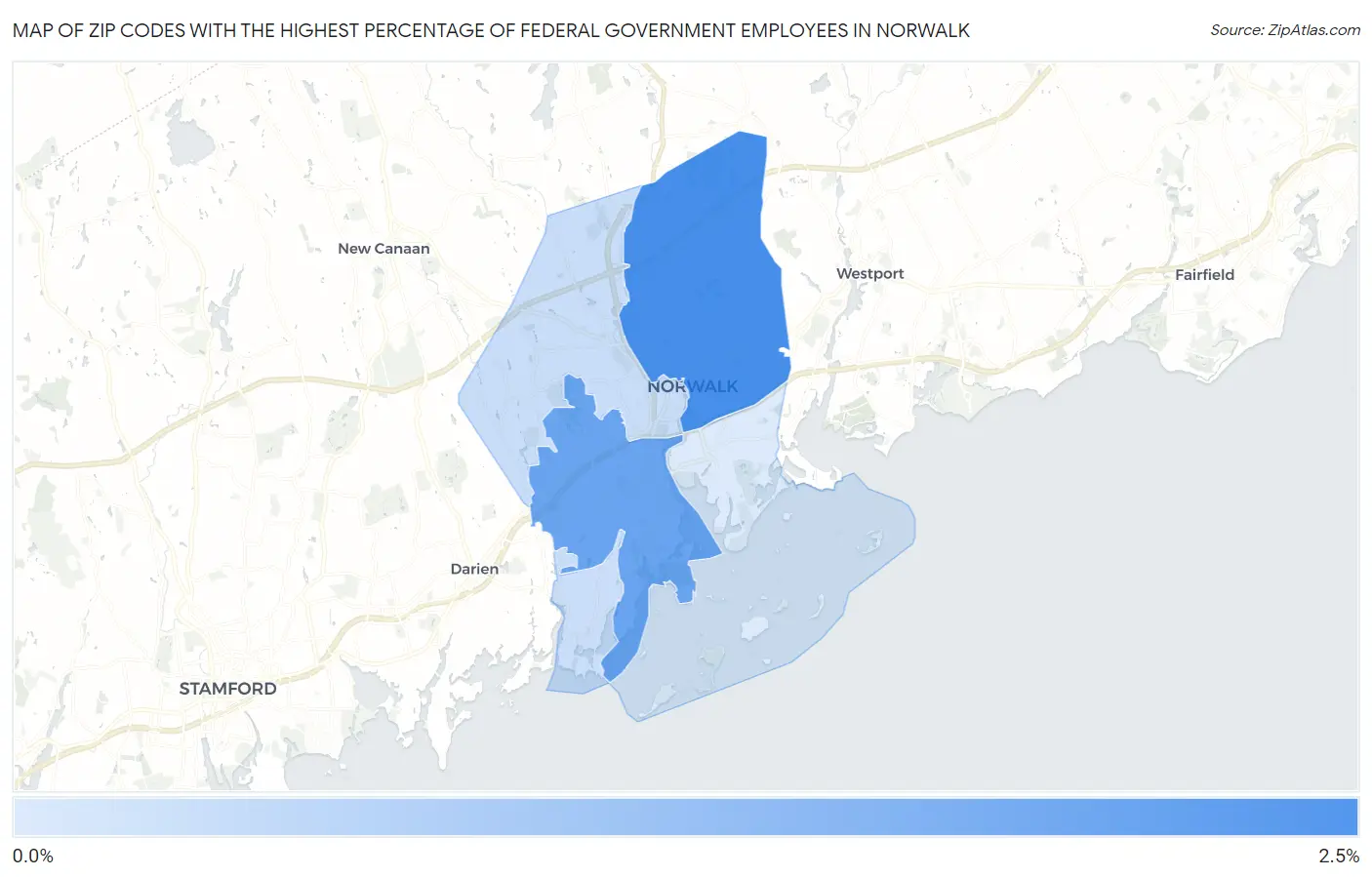 Zip Codes with the Highest Percentage of Federal Government Employees in Norwalk Map