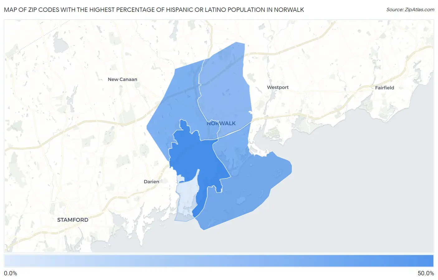 Zip Codes with the Highest Percentage of Hispanic or Latino Population in Norwalk Map