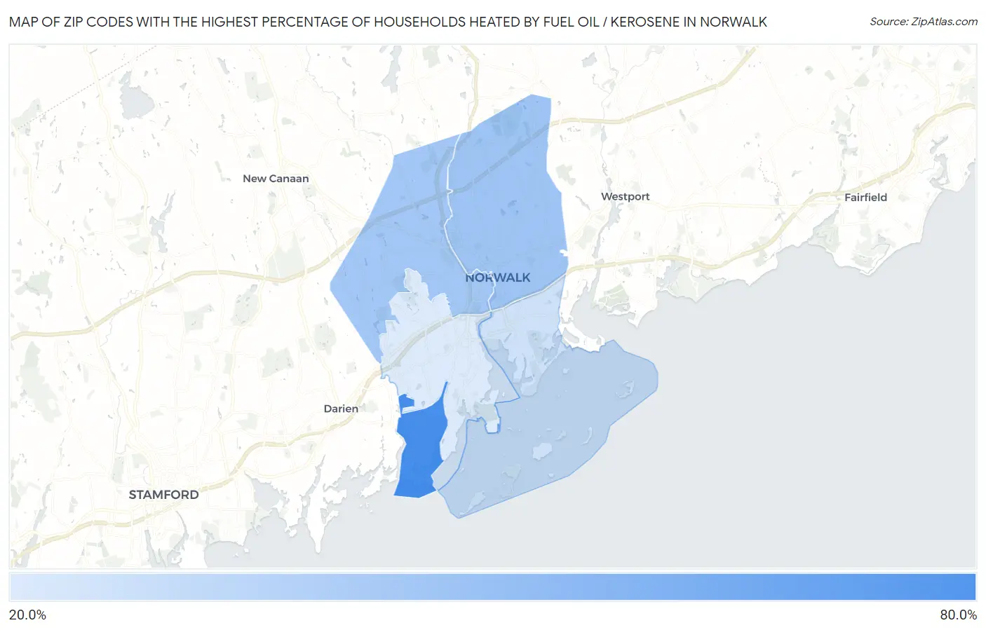 Zip Codes with the Highest Percentage of Households Heated by Fuel Oil / Kerosene in Norwalk Map