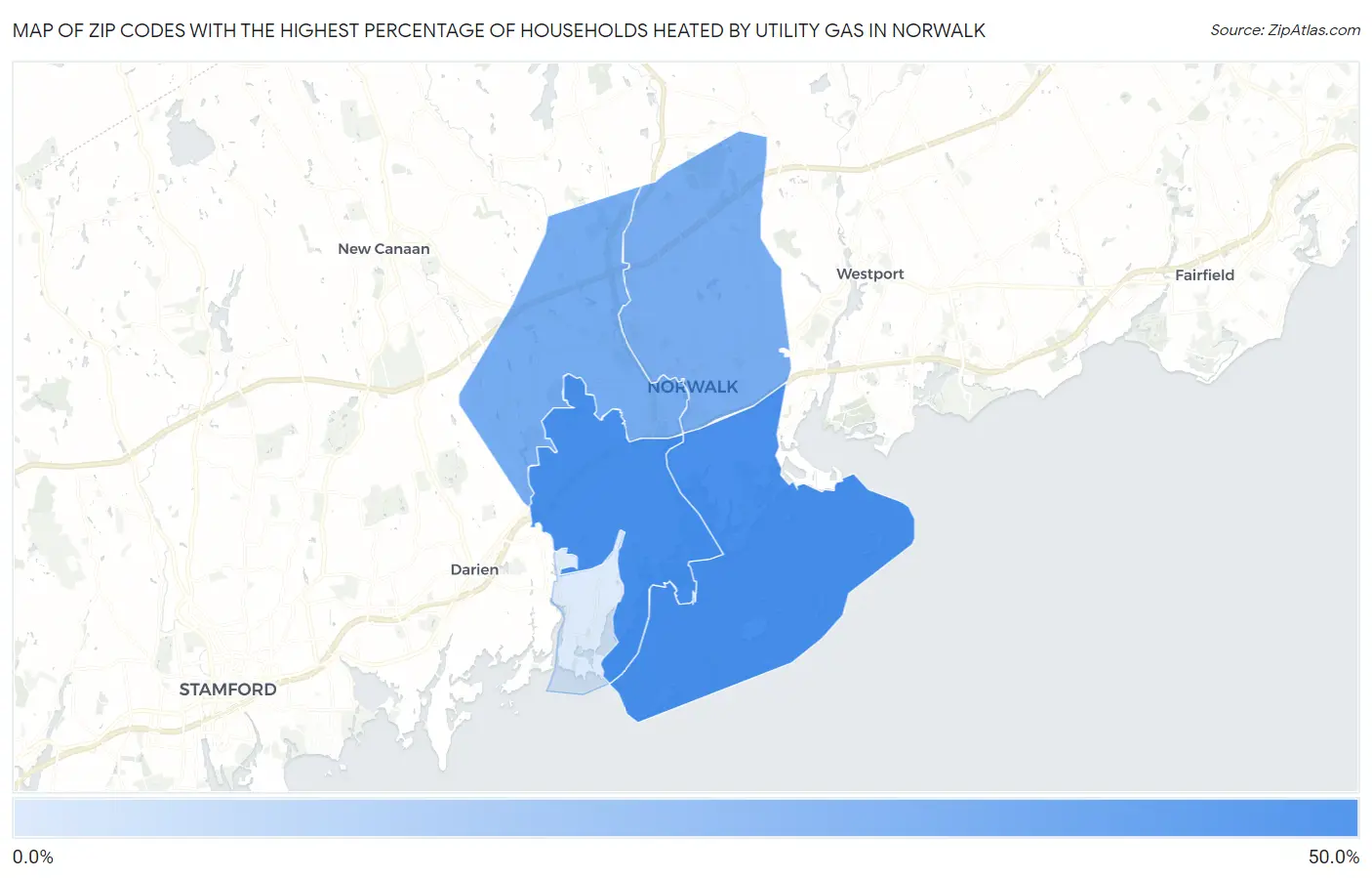 Zip Codes with the Highest Percentage of Households Heated by Utility Gas in Norwalk Map