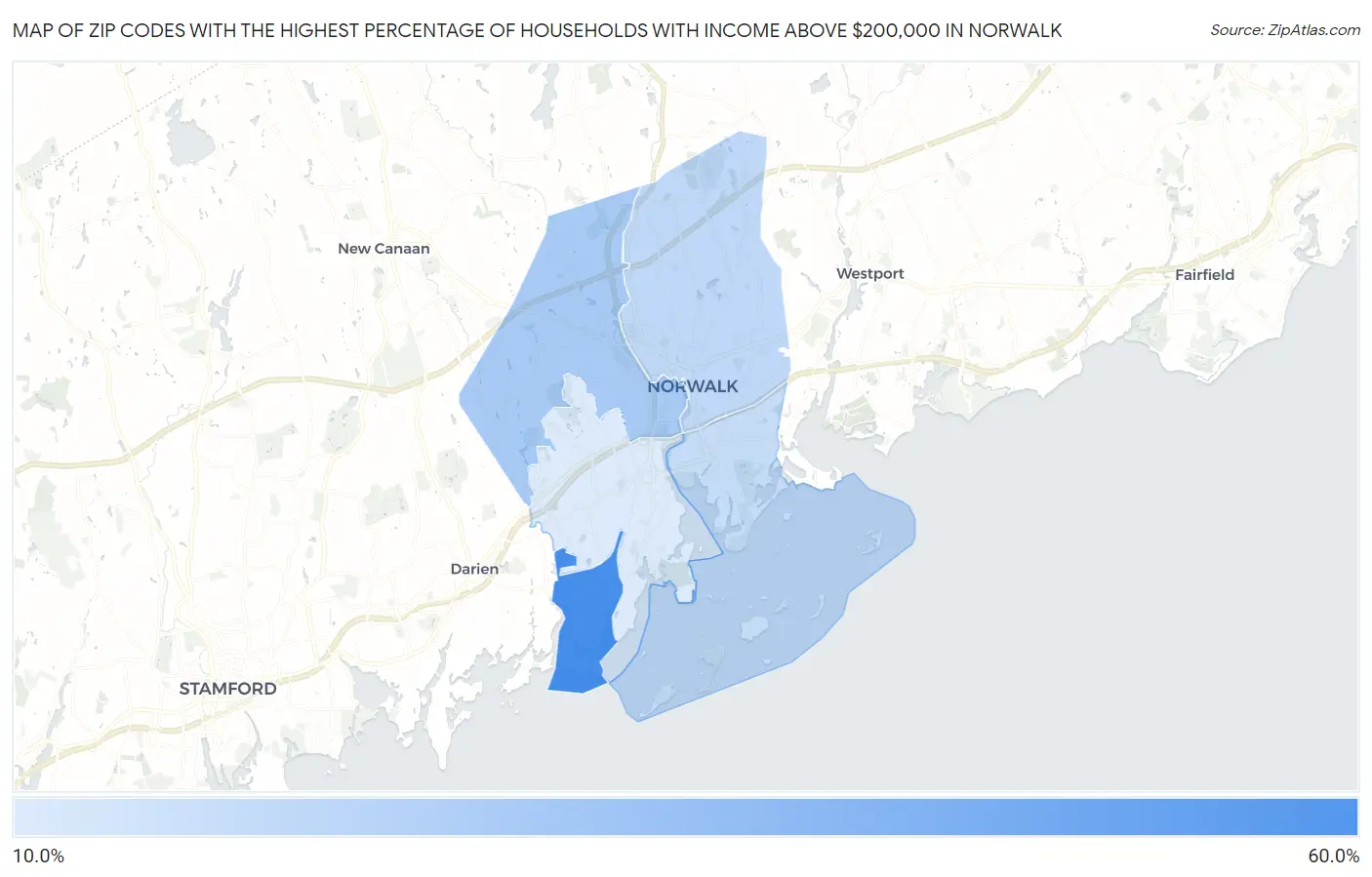 Zip Codes with the Highest Percentage of Households with Income Above $200,000 in Norwalk Map