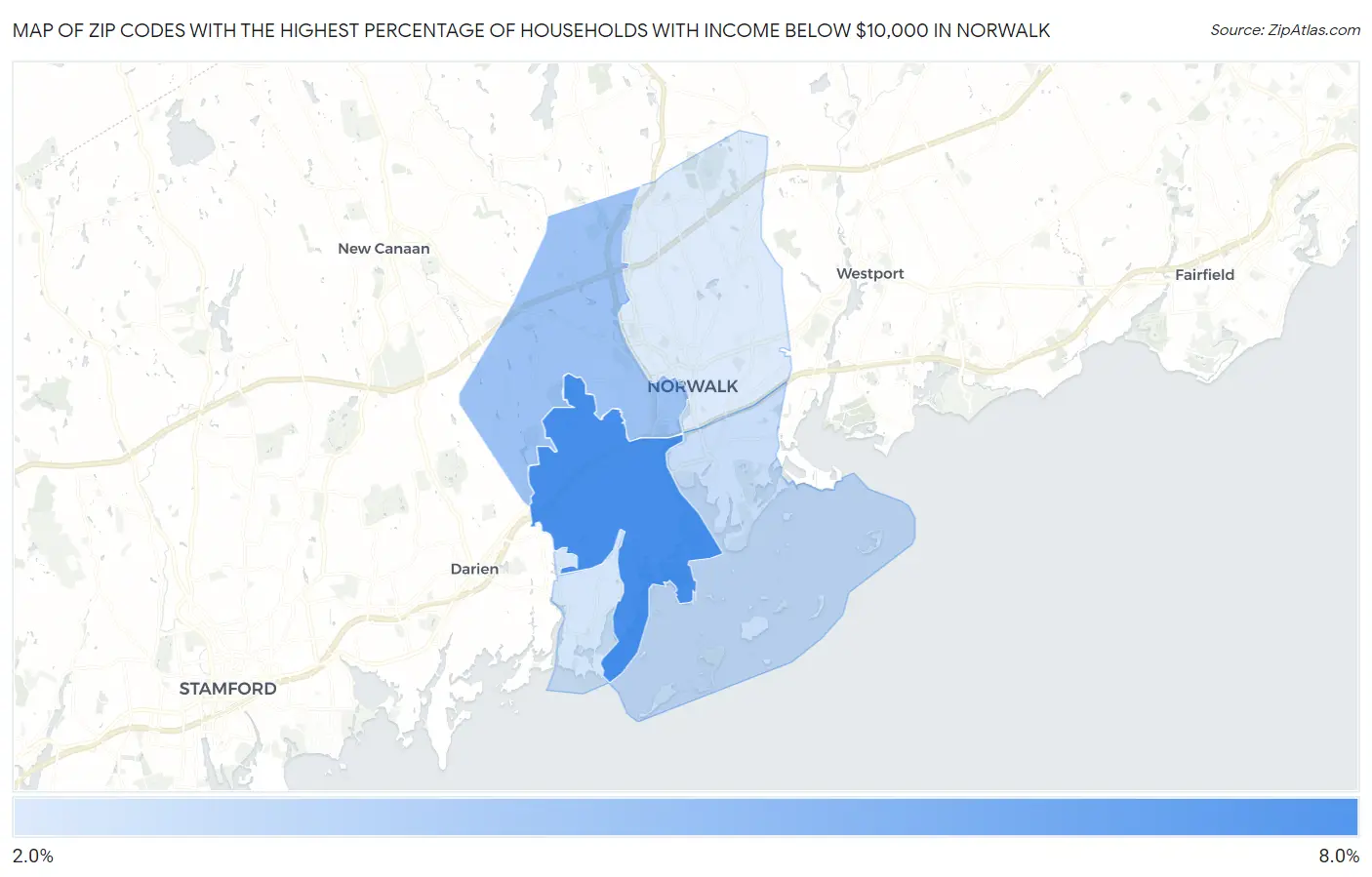 Zip Codes with the Highest Percentage of Households with Income Below $10,000 in Norwalk Map