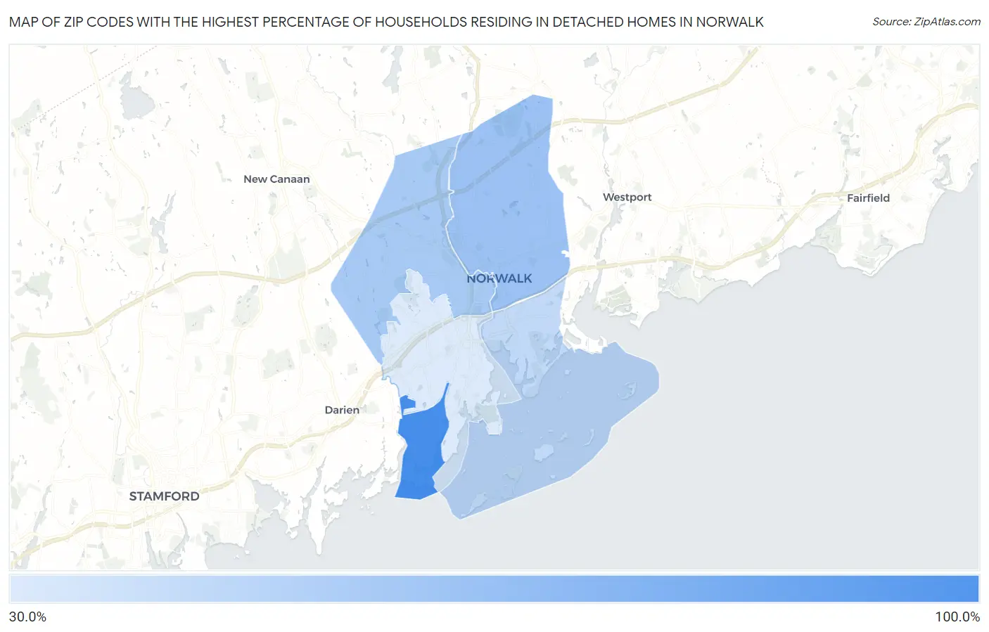Zip Codes with the Highest Percentage of Households Residing in Detached Homes in Norwalk Map