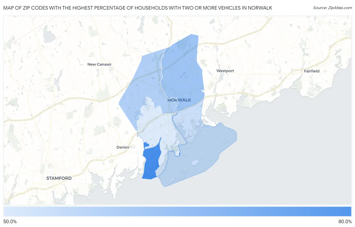Zip Codes with the Highest Percentage of Households With Two or more Vehicles in Norwalk Map