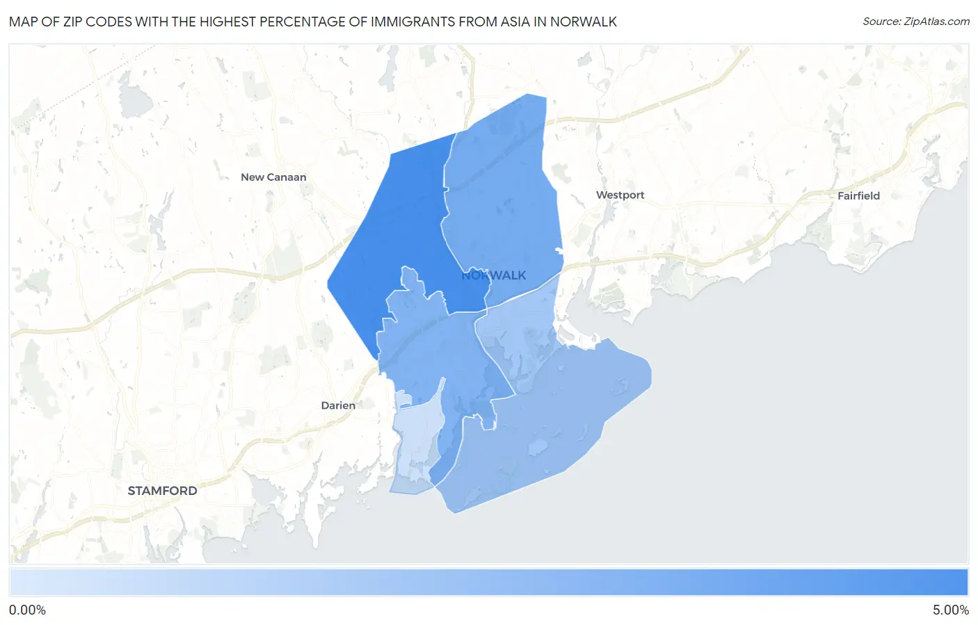 Zip Codes with the Highest Percentage of Immigrants from Asia in Norwalk Map