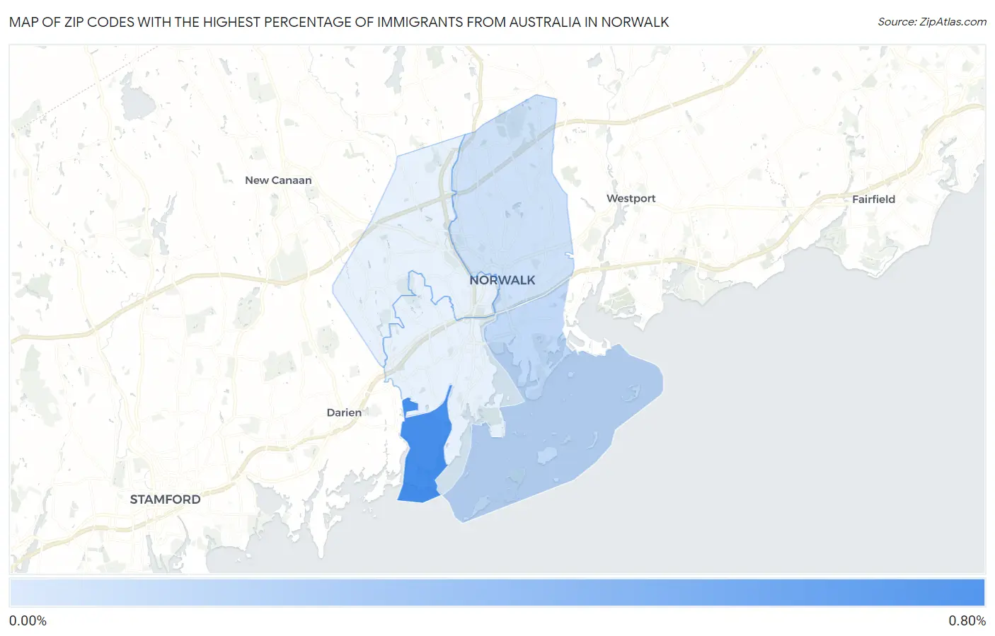 Zip Codes with the Highest Percentage of Immigrants from Australia in Norwalk Map