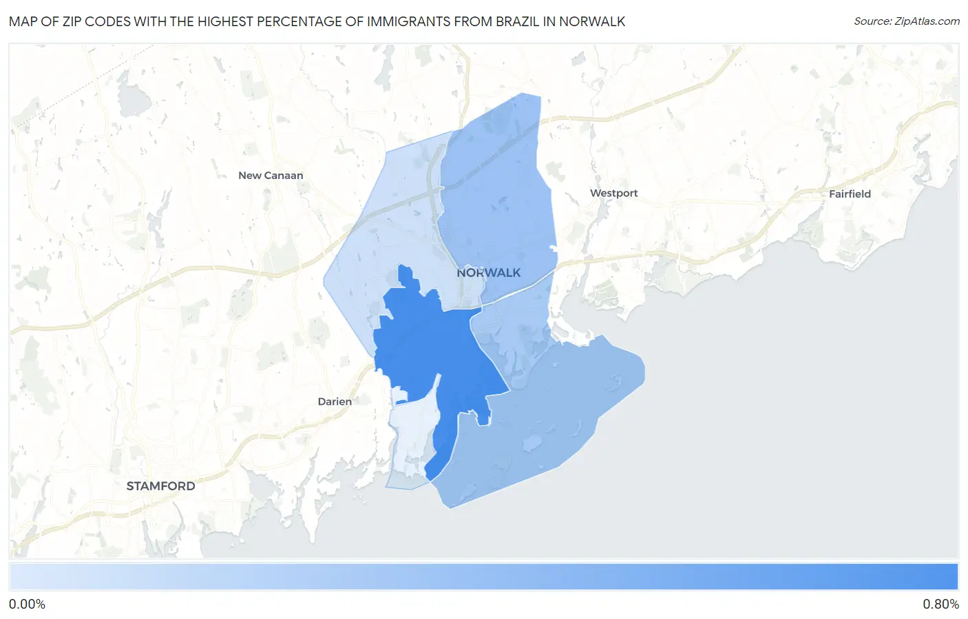 Zip Codes with the Highest Percentage of Immigrants from Brazil in Norwalk Map