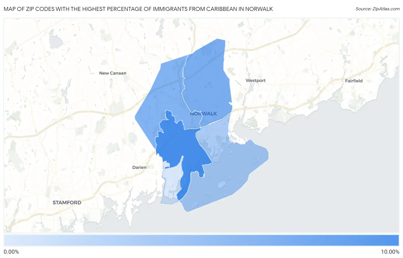 Zip Codes with the Highest Percentage of Immigrants from Caribbean in Norwalk Map