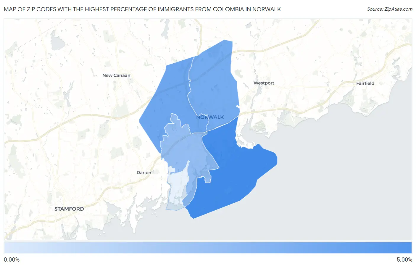 Zip Codes with the Highest Percentage of Immigrants from Colombia in Norwalk Map