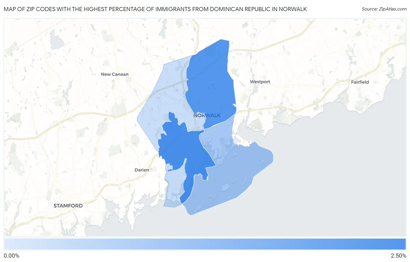 Zip Codes with the Highest Percentage of Immigrants from Dominican Republic in Norwalk Map