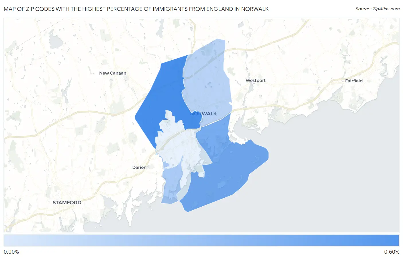 Zip Codes with the Highest Percentage of Immigrants from England in Norwalk Map