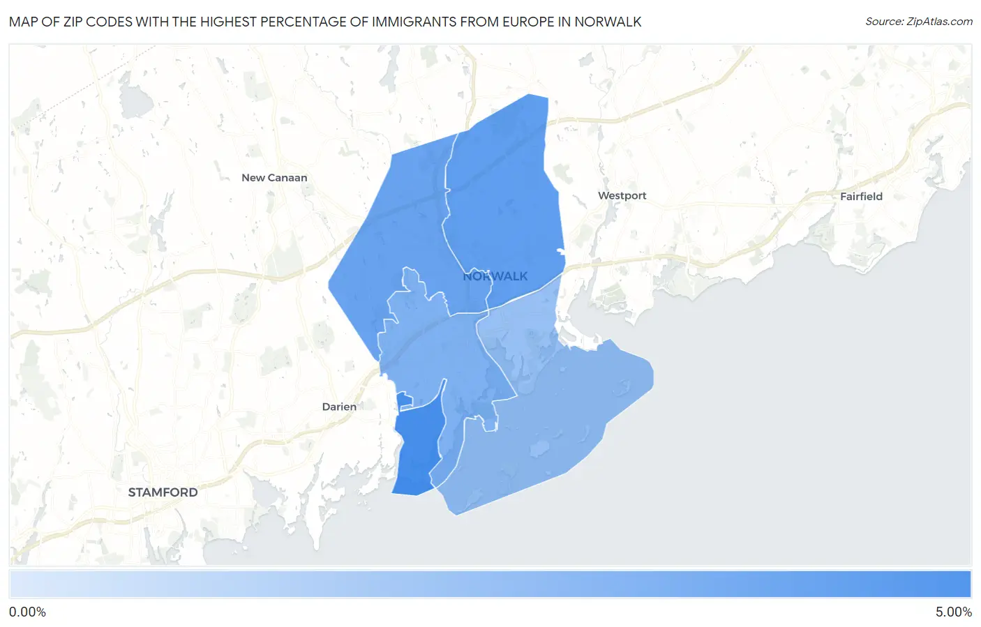 Zip Codes with the Highest Percentage of Immigrants from Europe in Norwalk Map