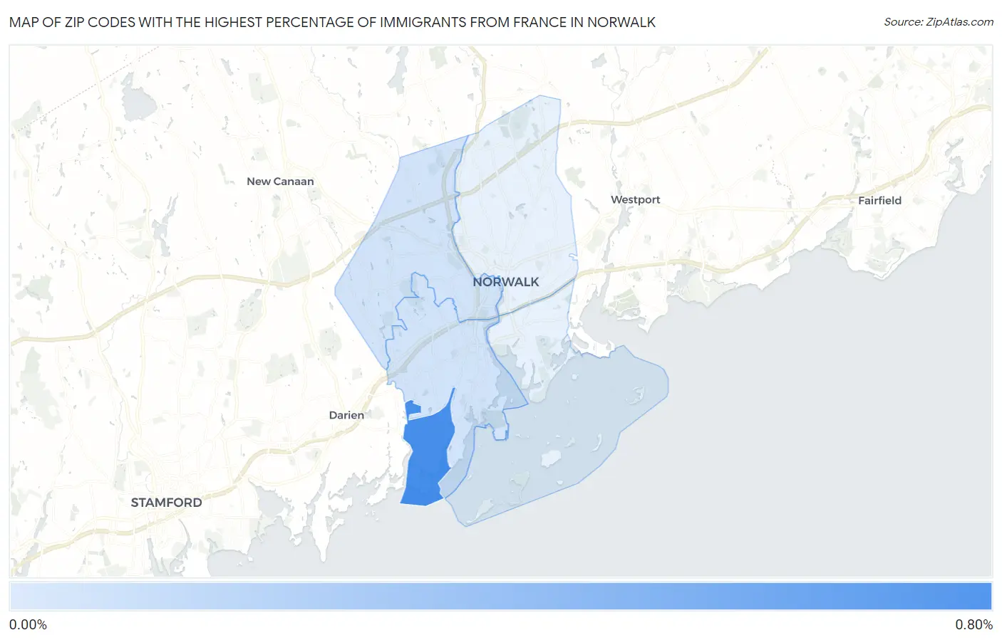 Zip Codes with the Highest Percentage of Immigrants from France in Norwalk Map