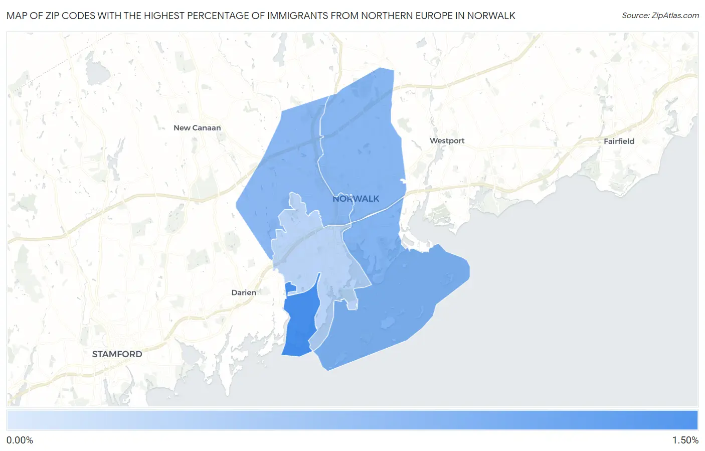 Zip Codes with the Highest Percentage of Immigrants from Northern Europe in Norwalk Map