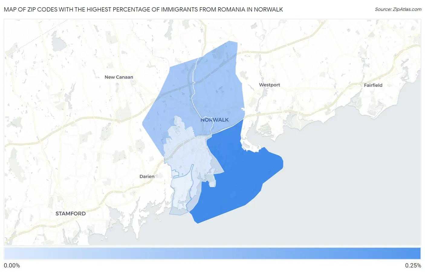 Zip Codes with the Highest Percentage of Immigrants from Romania in Norwalk Map