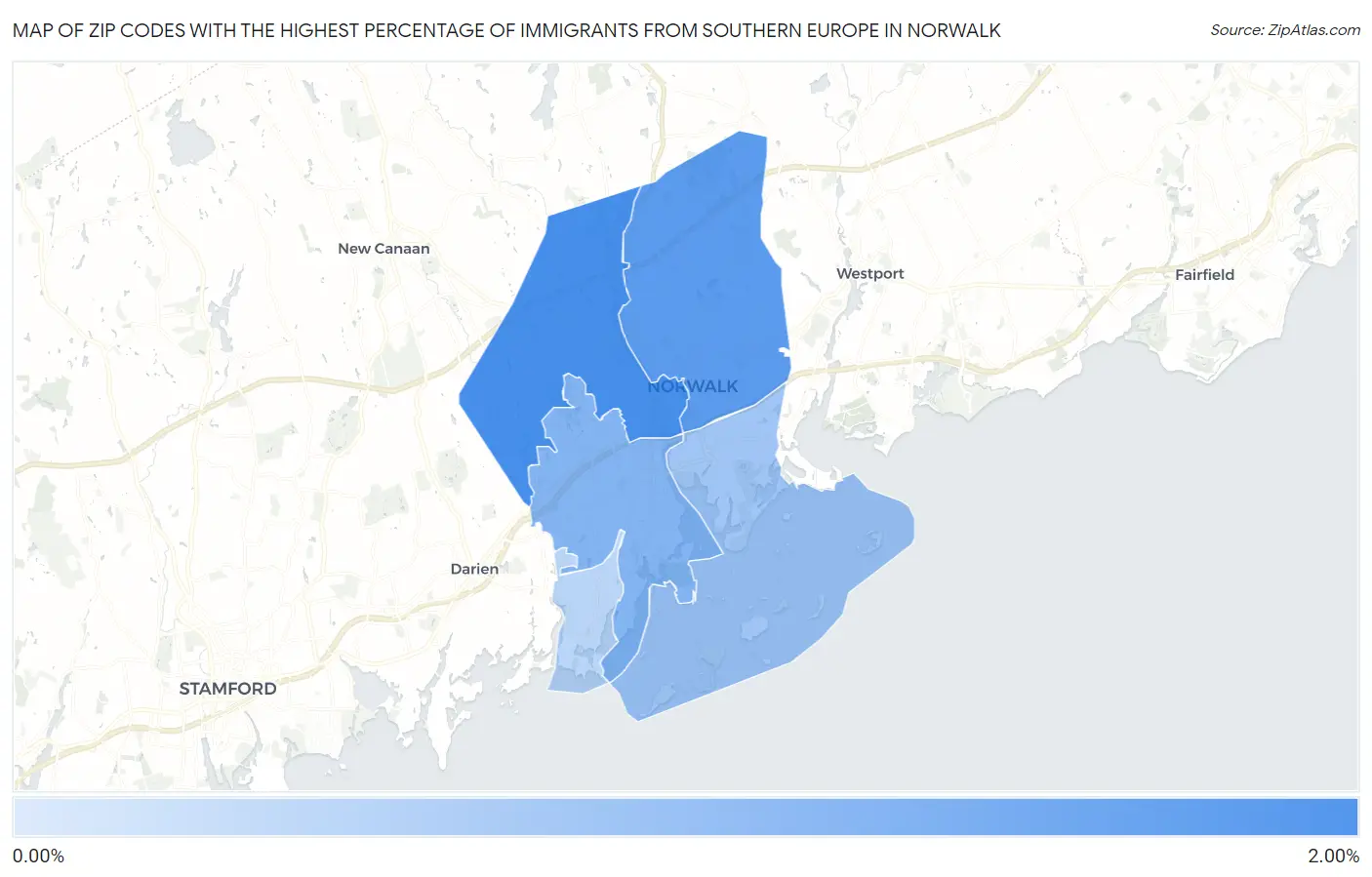 Zip Codes with the Highest Percentage of Immigrants from Southern Europe in Norwalk Map