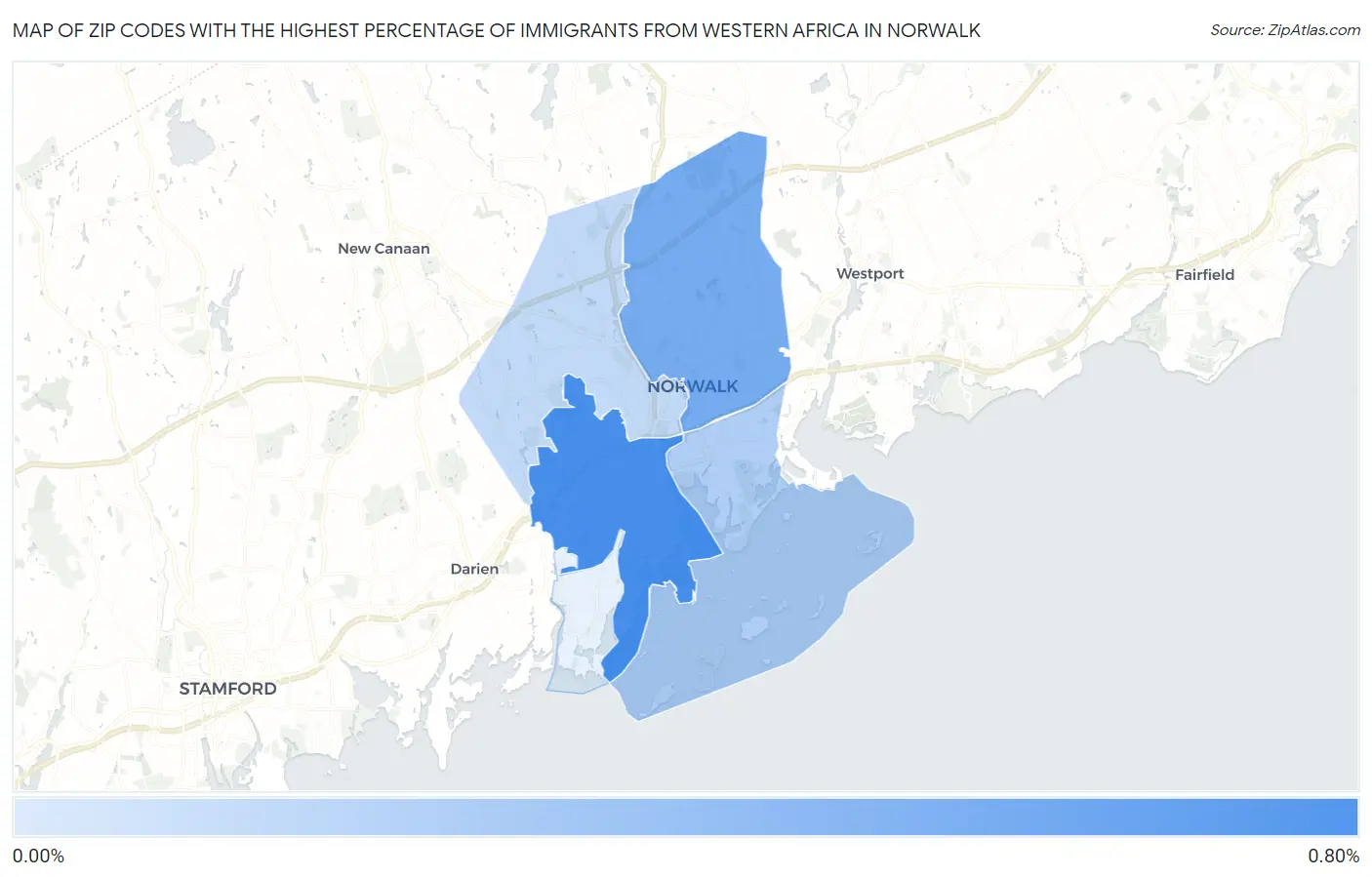 Zip Codes with the Highest Percentage of Immigrants from Western Africa in Norwalk Map