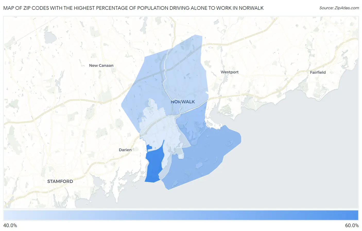 Zip Codes with the Highest Percentage of Population Driving Alone to Work in Norwalk Map