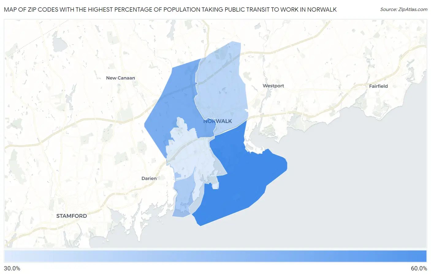 Zip Codes with the Highest Percentage of Population Taking Public Transit to Work in Norwalk Map