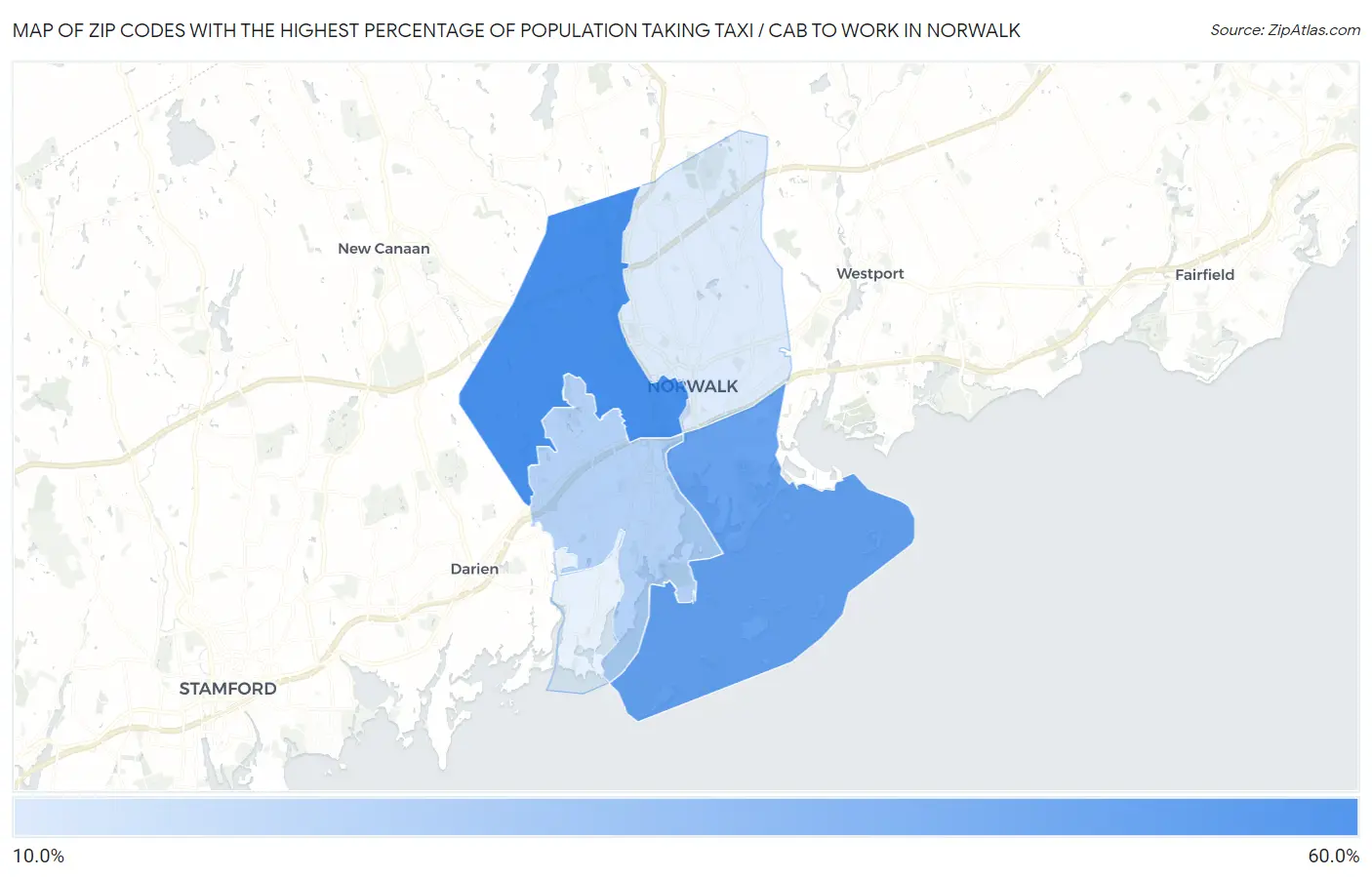 Zip Codes with the Highest Percentage of Population Taking Taxi / Cab to Work in Norwalk Map