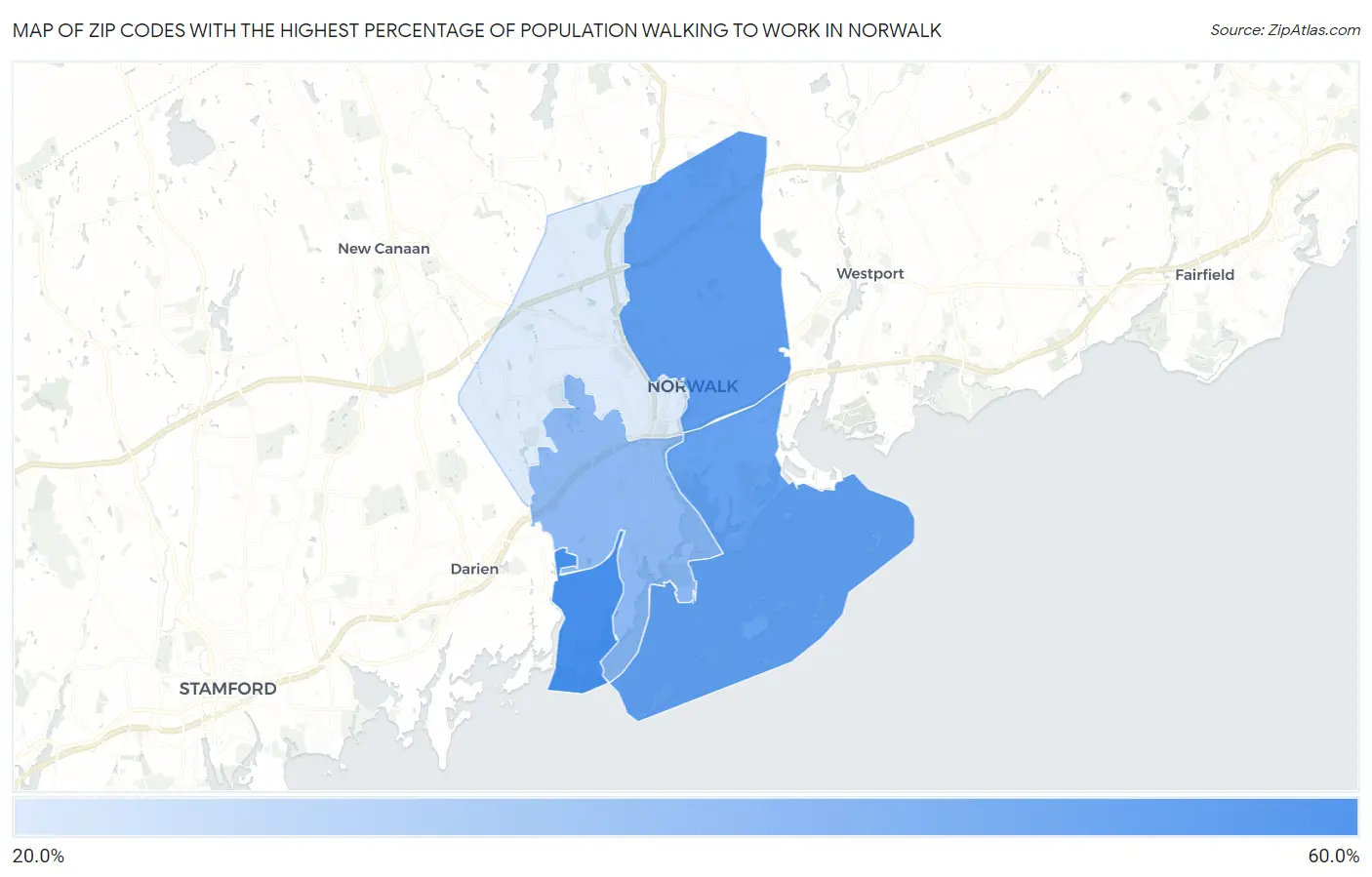 Zip Codes with the Highest Percentage of Population Walking to Work in Norwalk Map