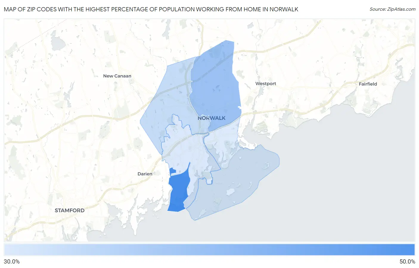 Zip Codes with the Highest Percentage of Population Working from Home in Norwalk Map