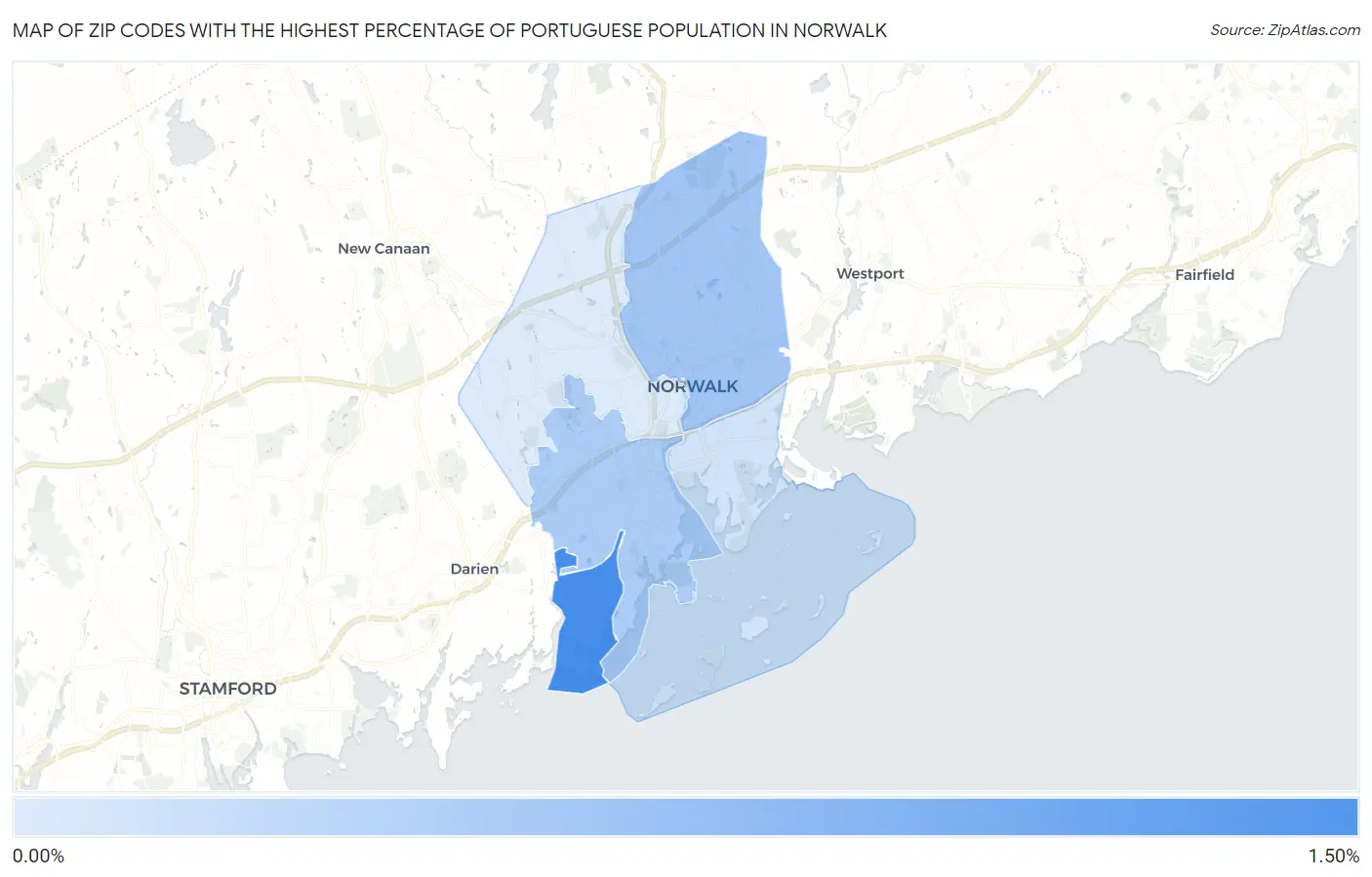 Zip Codes with the Highest Percentage of Portuguese Population in Norwalk Map
