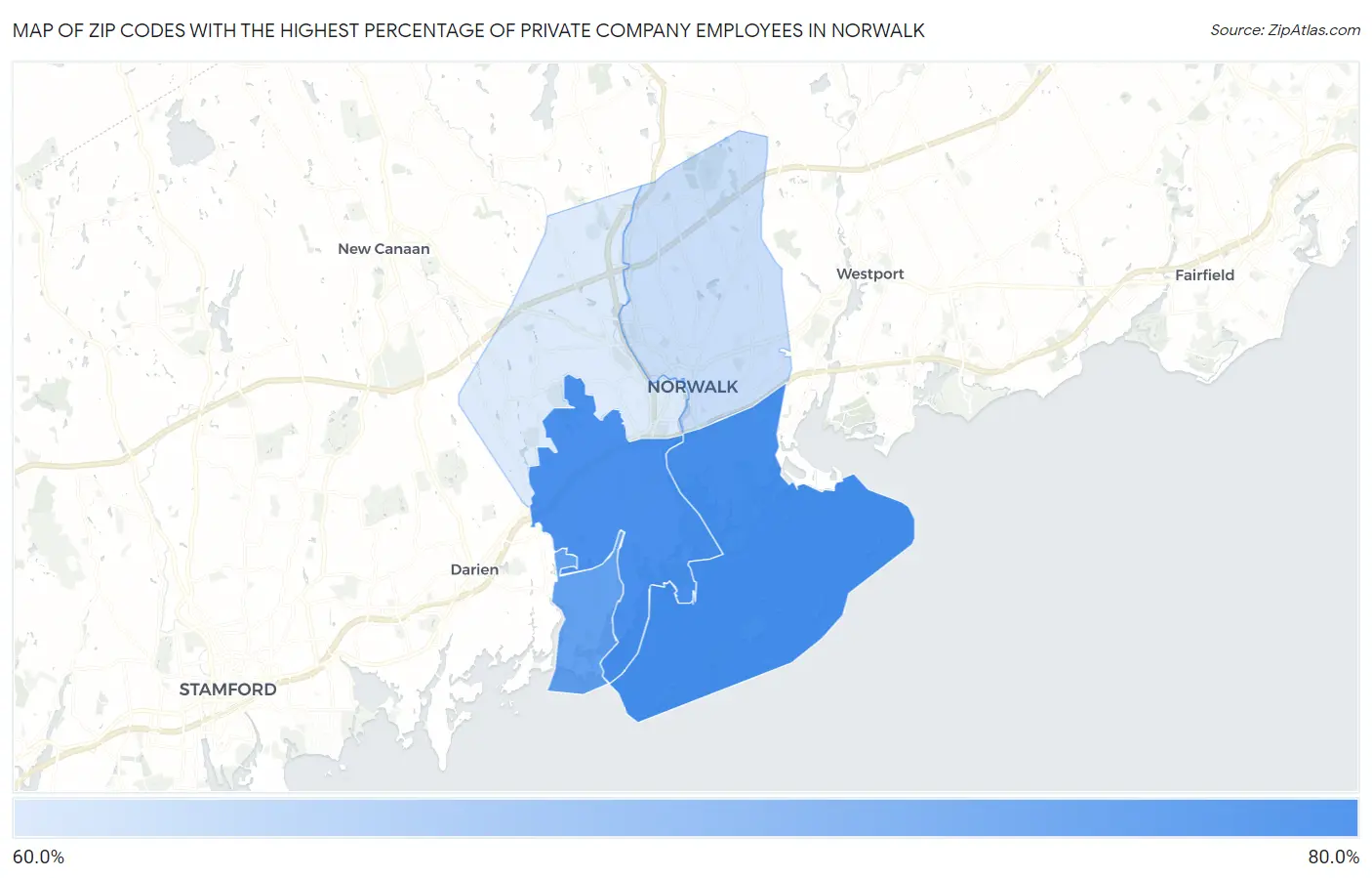 Zip Codes with the Highest Percentage of Private Company Employees in Norwalk Map
