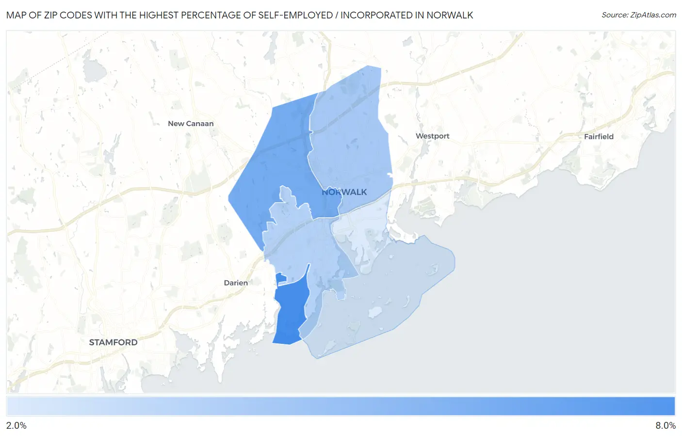 Zip Codes with the Highest Percentage of Self-Employed / Incorporated in Norwalk Map