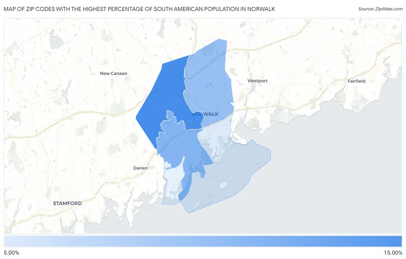 Zip Codes with the Highest Percentage of South American Population in Norwalk Map