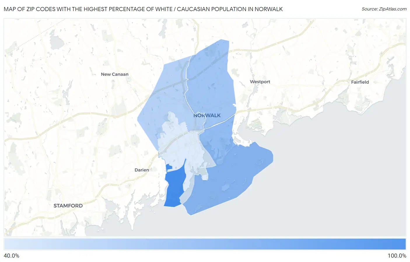 Zip Codes with the Highest Percentage of White / Caucasian Population in Norwalk Map