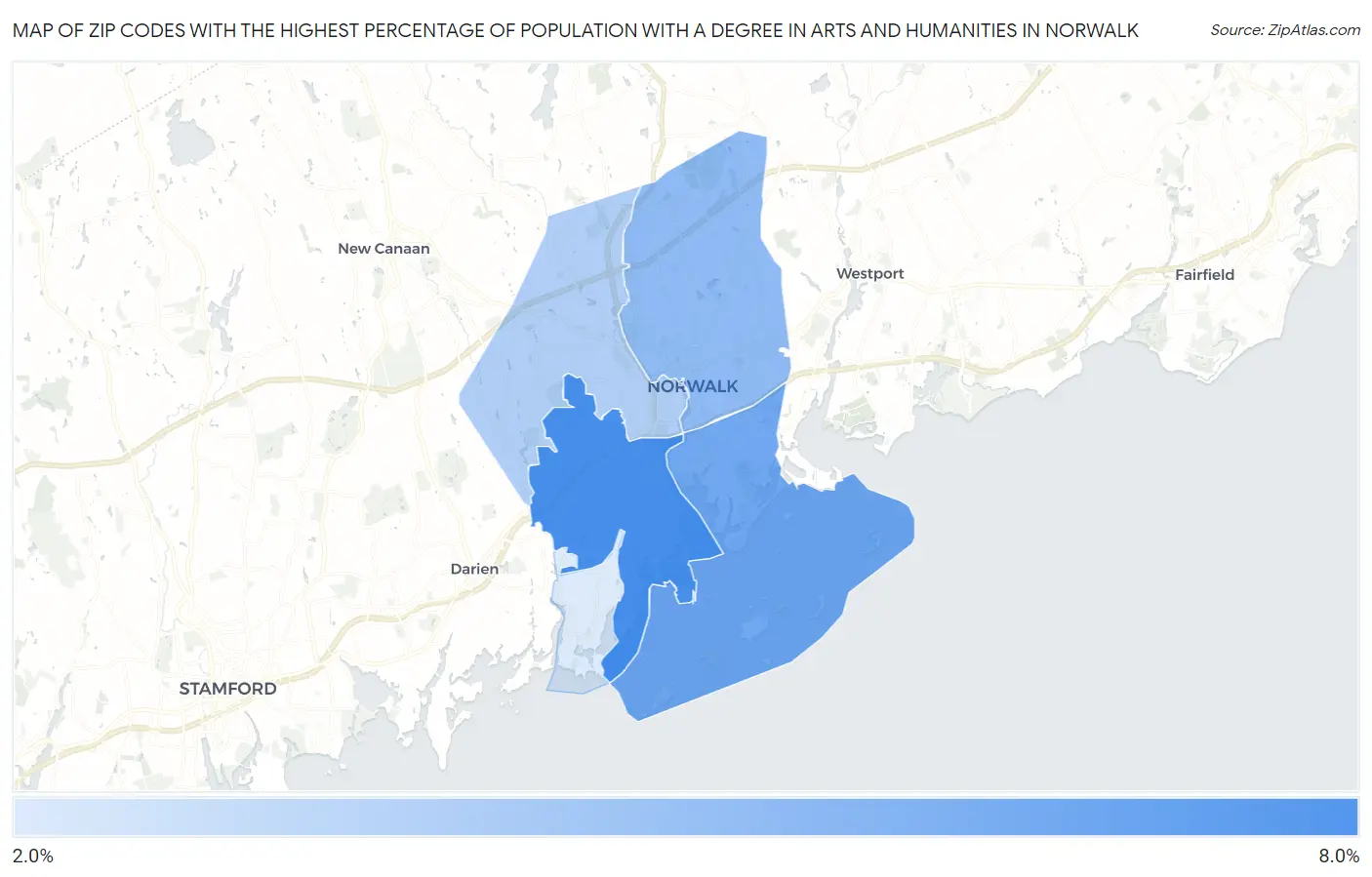 Zip Codes with the Highest Percentage of Population with a Degree in Arts and Humanities in Norwalk Map