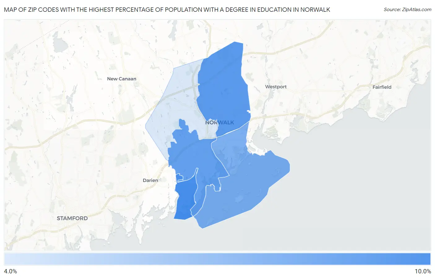 Zip Codes with the Highest Percentage of Population with a Degree in Education in Norwalk Map