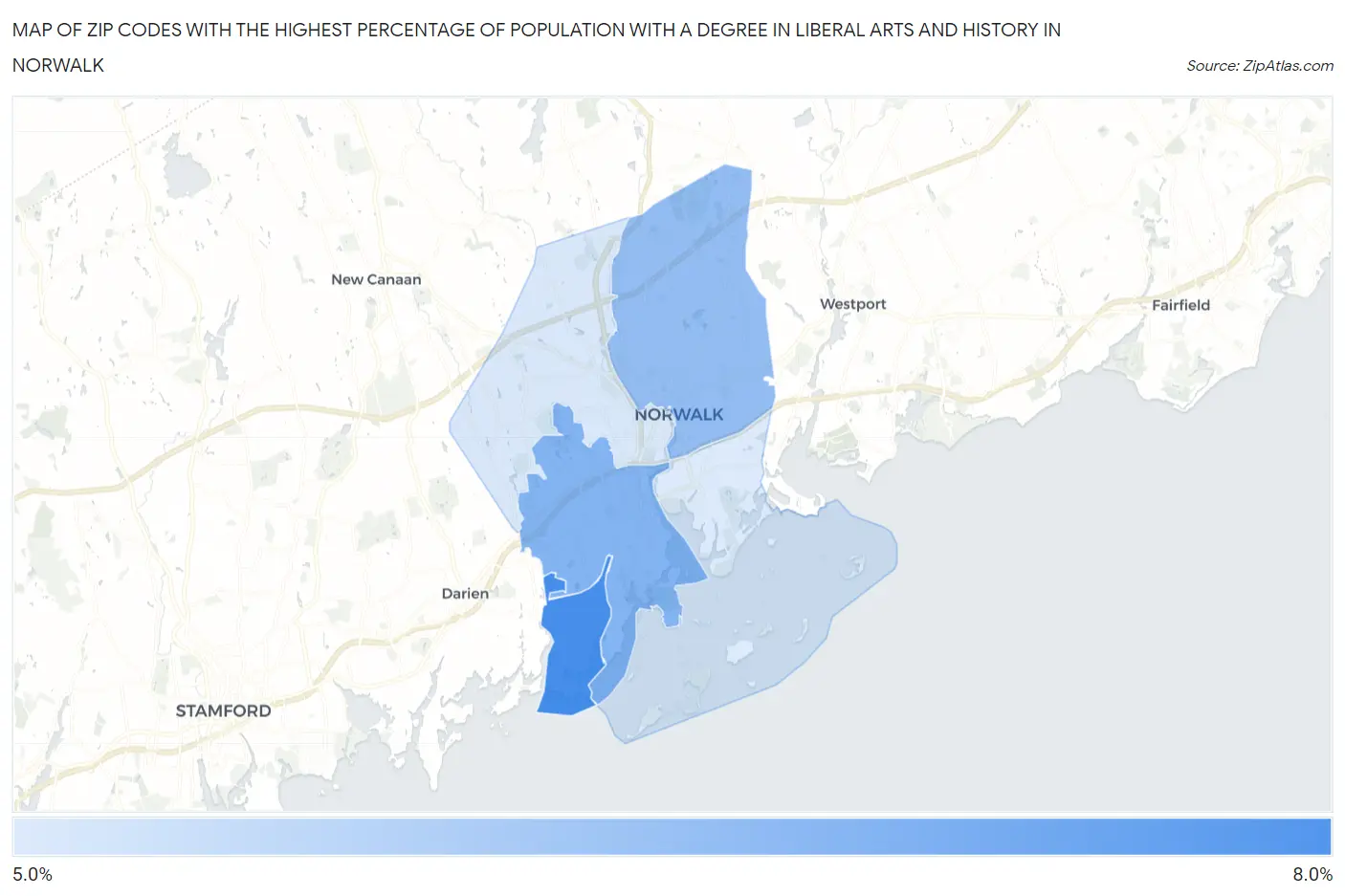 Zip Codes with the Highest Percentage of Population with a Degree in Liberal Arts and History in Norwalk Map
