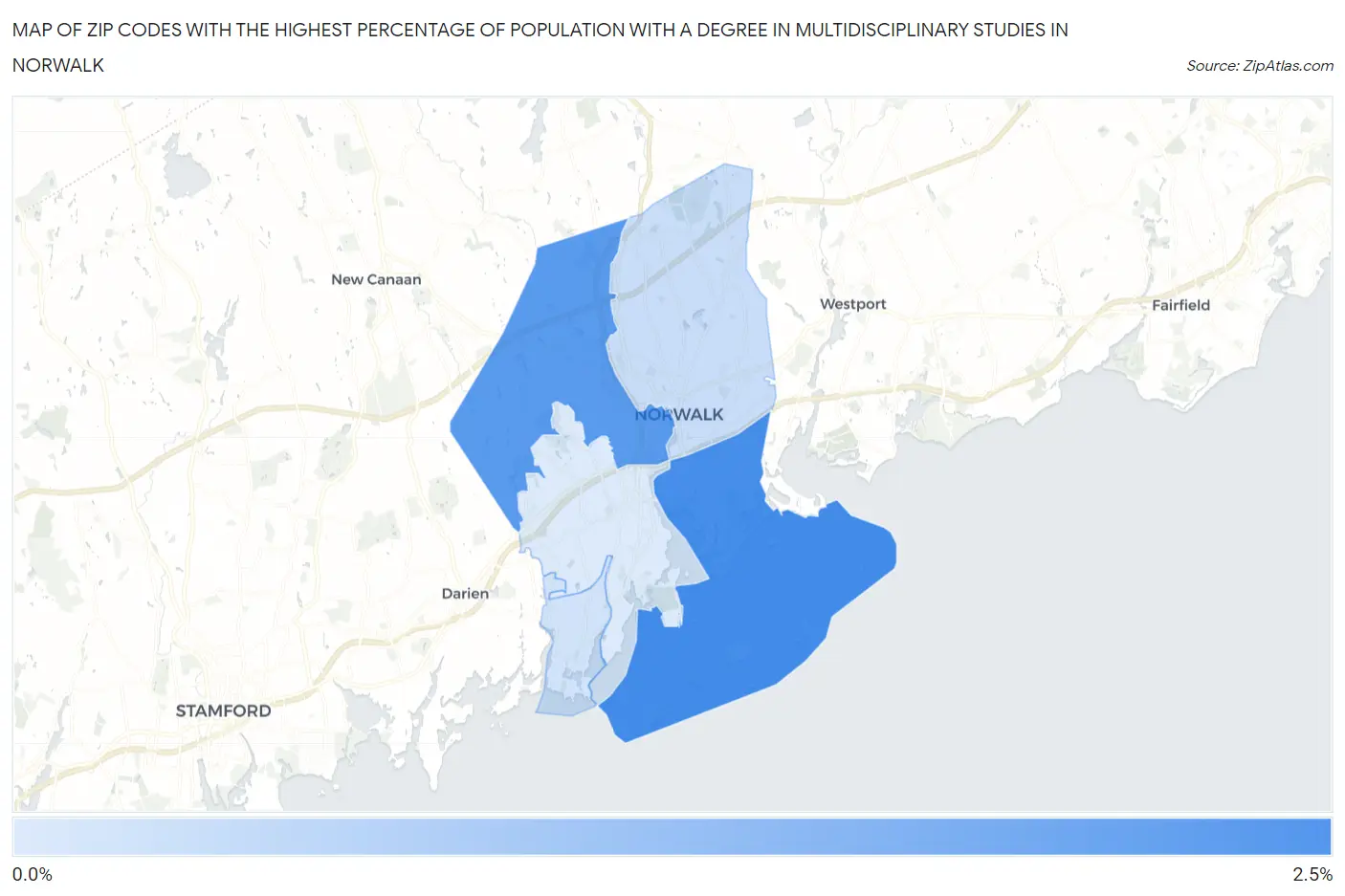 Zip Codes with the Highest Percentage of Population with a Degree in Multidisciplinary Studies in Norwalk Map